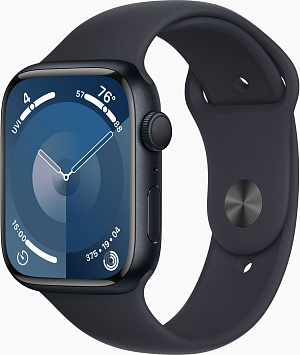 Смарт-часы Apple Watch Series 9 A2980 45мм OLED корп.темная ночь Sport Band рем.темная ночь разм.брасл.:160-210мм (MR9Q3LL/A)